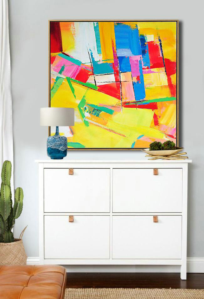Abstract Painting Extra Large Canvas Art,Oversized Palette Knife Painting Contemporary Art On Canvas,Large Abstract Wall Art,Yellow,Red,Blue,Pink,Light Green.Etc